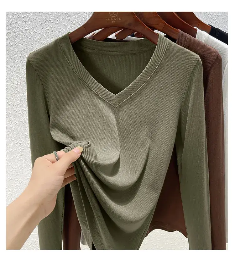 Women V-Neck Long Sleeve T-Shirt Brown 2025 — feature 26