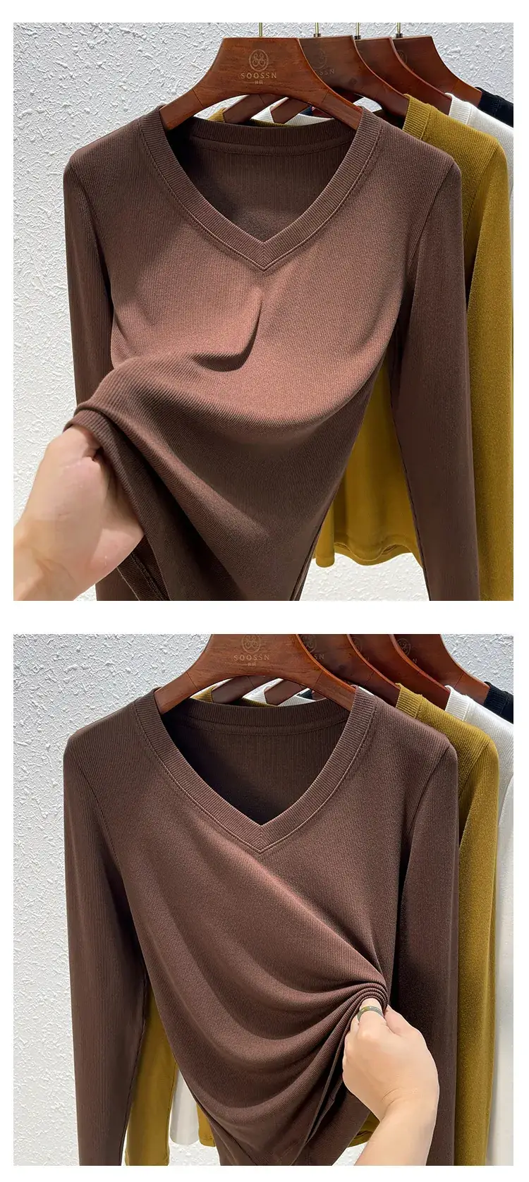 Women V-Neck Long Sleeve T-Shirt Brown 2025 — feature 27