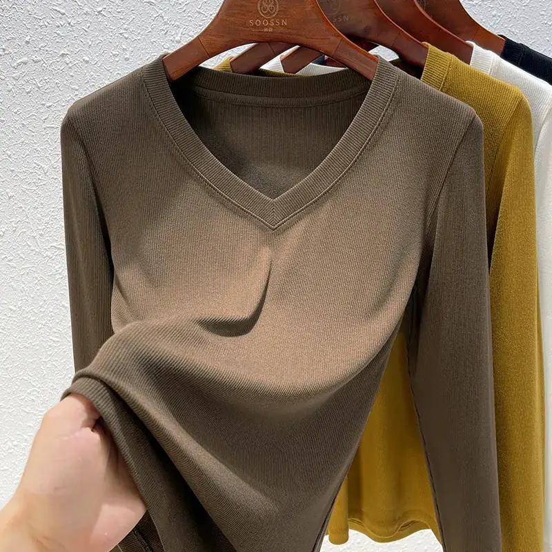 Women V-Neck Long Sleeve T-Shirt Brown 2025 - Image 10