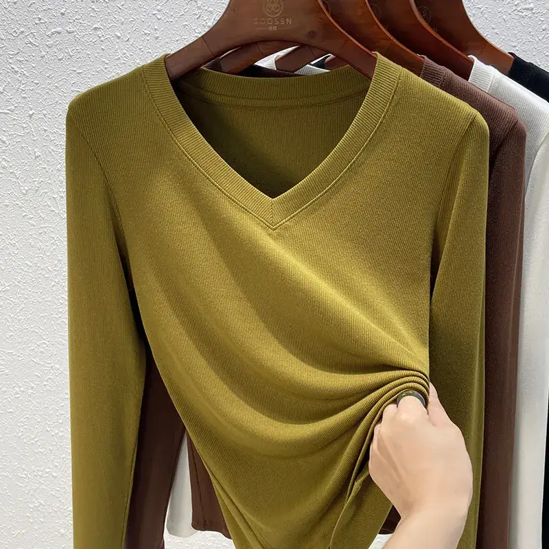 Women V-Neck Long Sleeve T-Shirt Brown 2025 - Image 11