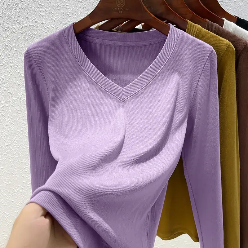 Women V-Neck Long Sleeve T-Shirt Brown 2025 - Image 12