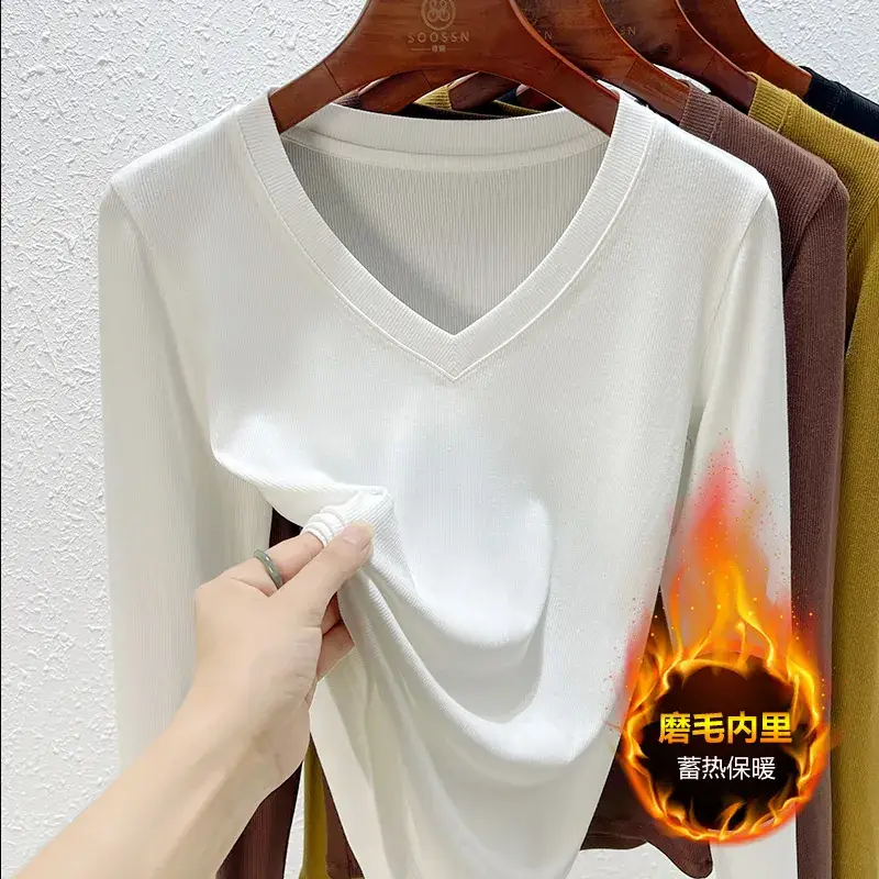 Women V-Neck Long Sleeve T-Shirt Brown 2025 - Image 13
