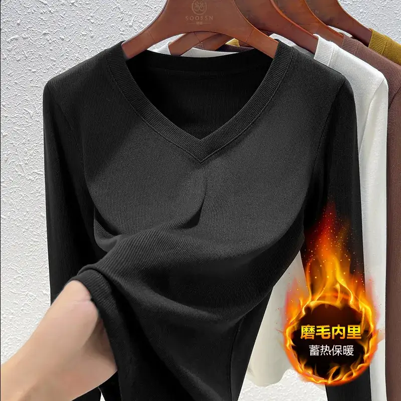 Women V-Neck Long Sleeve T-Shirt Brown 2025 - Image 14
