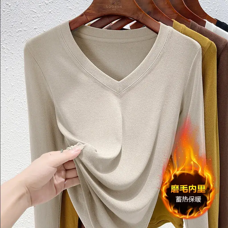 Women V-Neck Long Sleeve T-Shirt Brown 2025 - Image 15