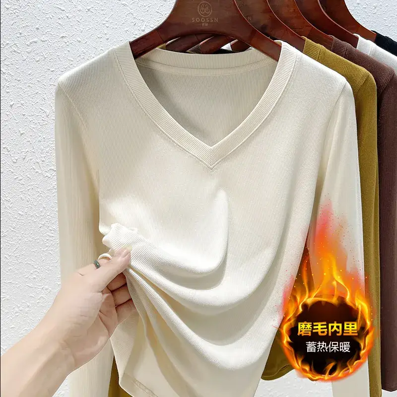 Women V-Neck Long Sleeve T-Shirt Brown 2025 - Image 16
