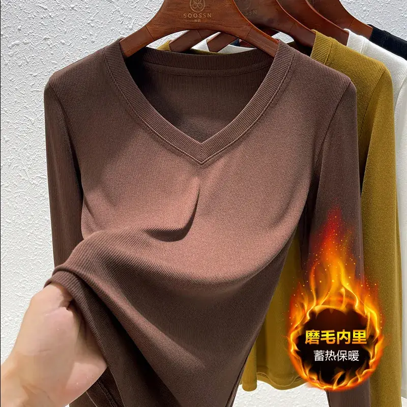 Women V-Neck Long Sleeve T-Shirt Brown 2025 - Image 17
