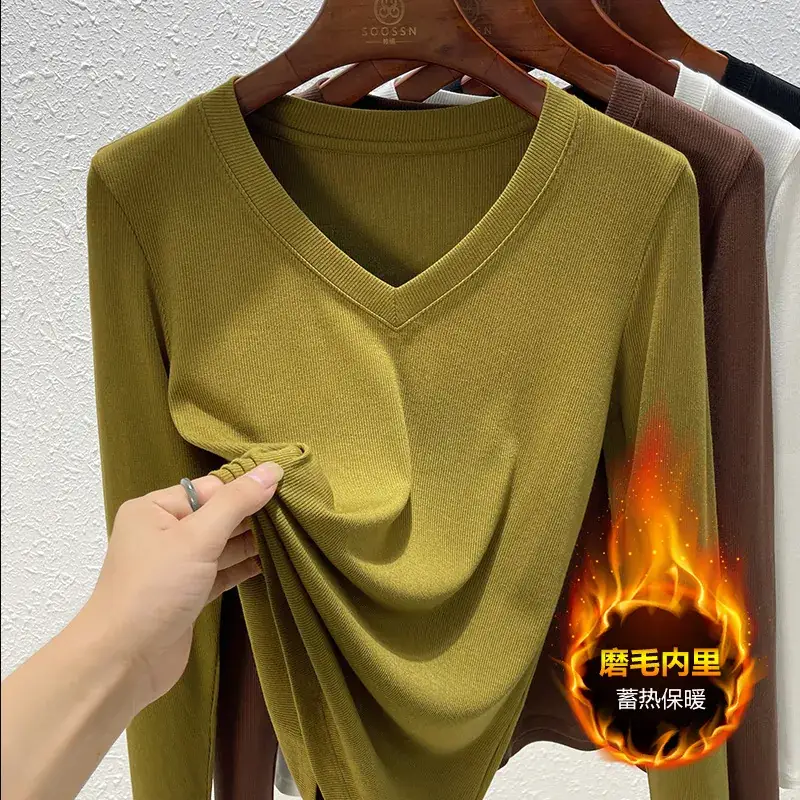 Women V-Neck Long Sleeve T-Shirt Brown 2025 - Image 18