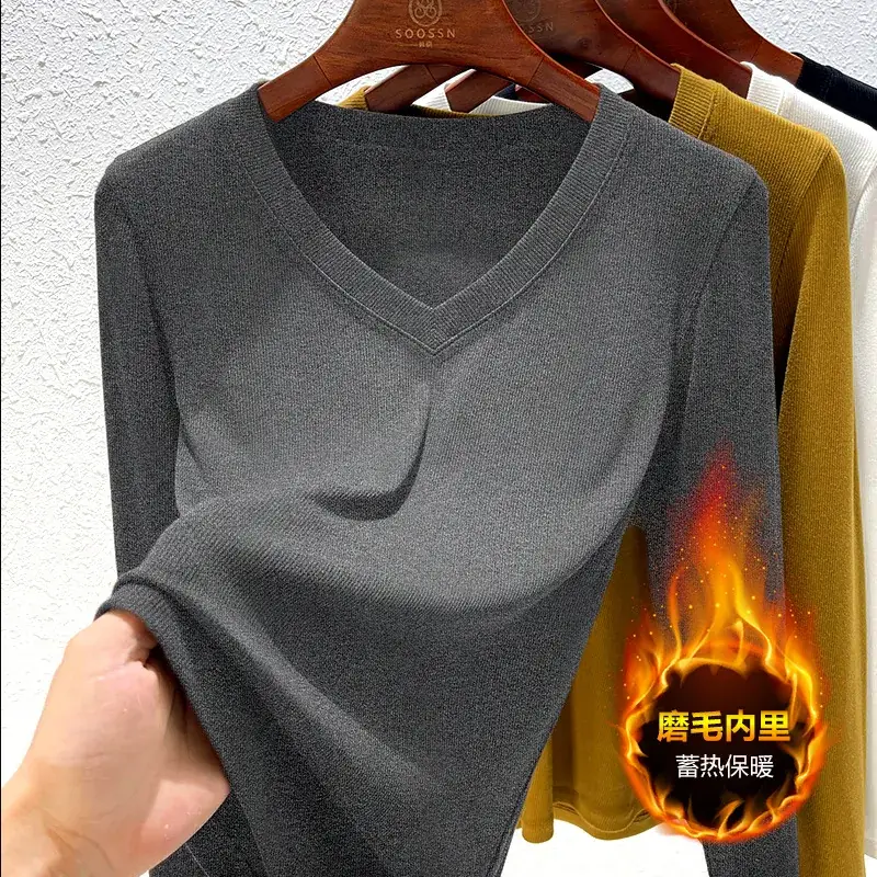 Women V-Neck Long Sleeve T-Shirt Brown 2025 - Image 19