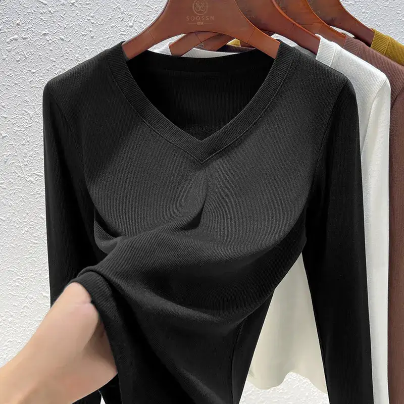 Women V-Neck Long Sleeve T-Shirt Brown 2025 - Image 2