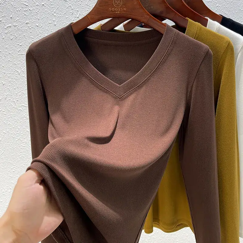 Women V-Neck Long Sleeve T-Shirt Brown 2025 - Image 3