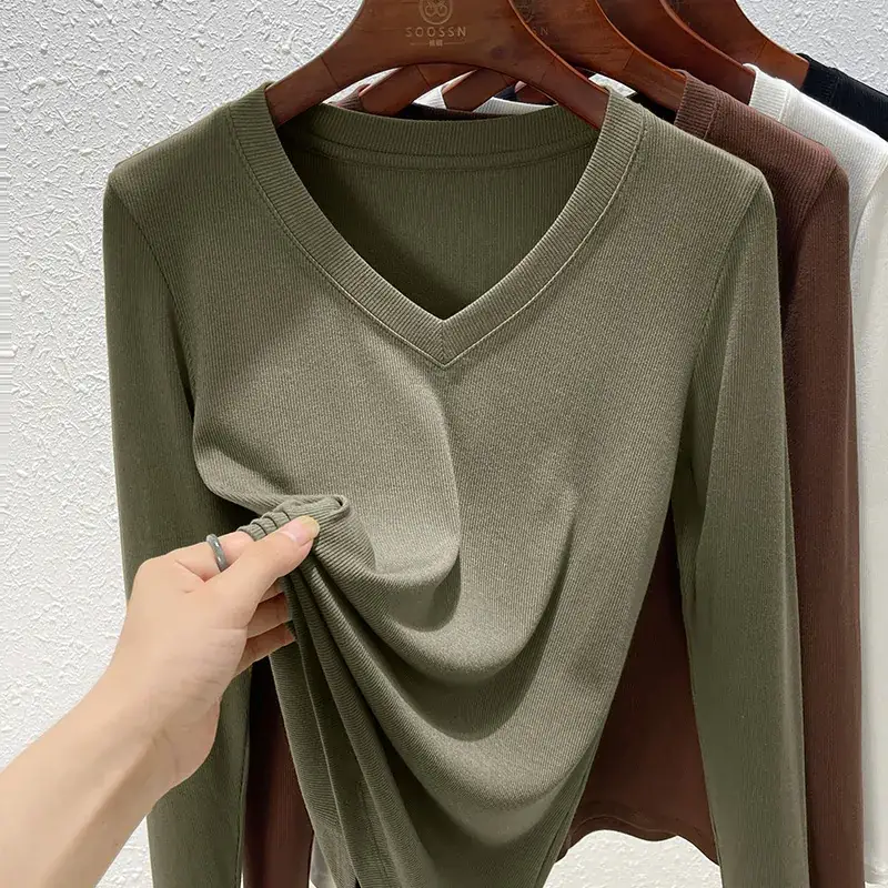 Women V-Neck Long Sleeve T-Shirt Brown 2025 - Image 4