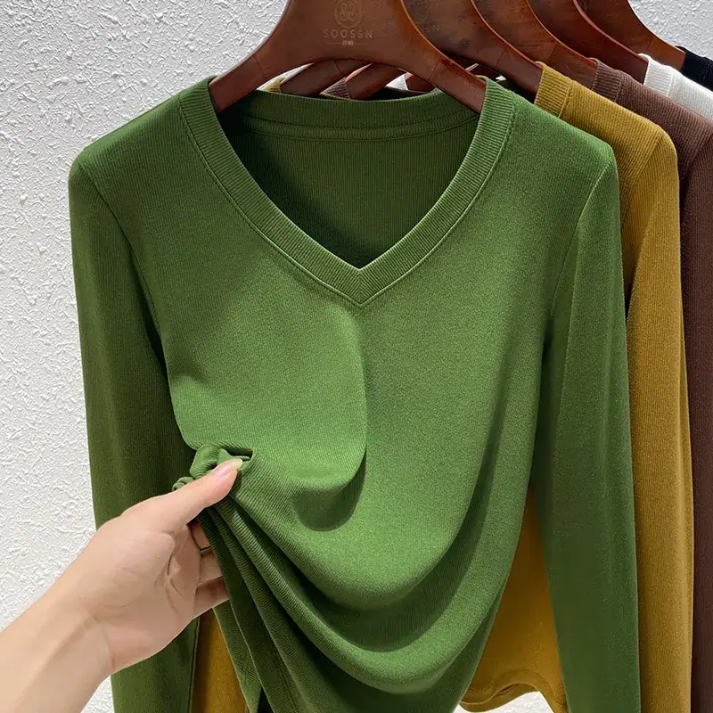 Women V-Neck Long Sleeve T-Shirt Brown 2025 - Image 5