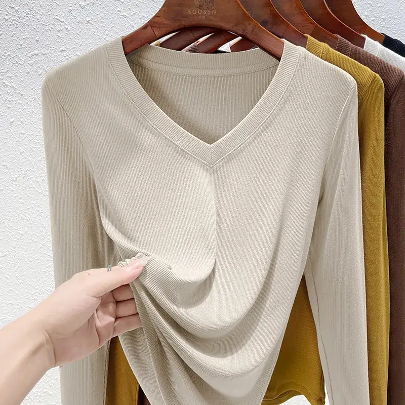 Women V-Neck Long Sleeve T-Shirt Brown 2025 - Image 6