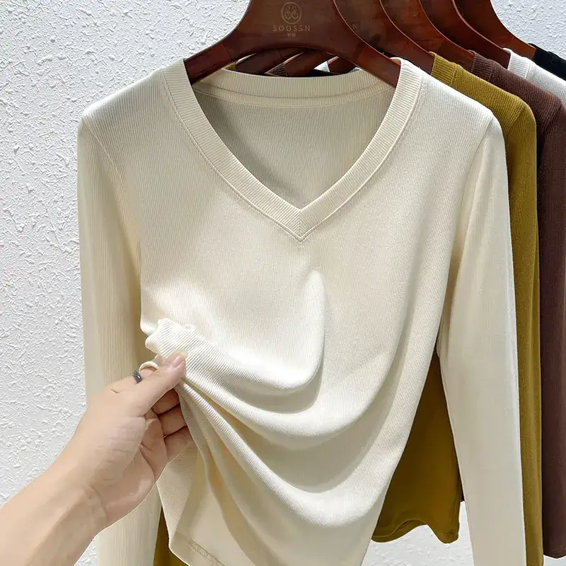 Women V-Neck Long Sleeve T-Shirt Brown 2025 - Image 7