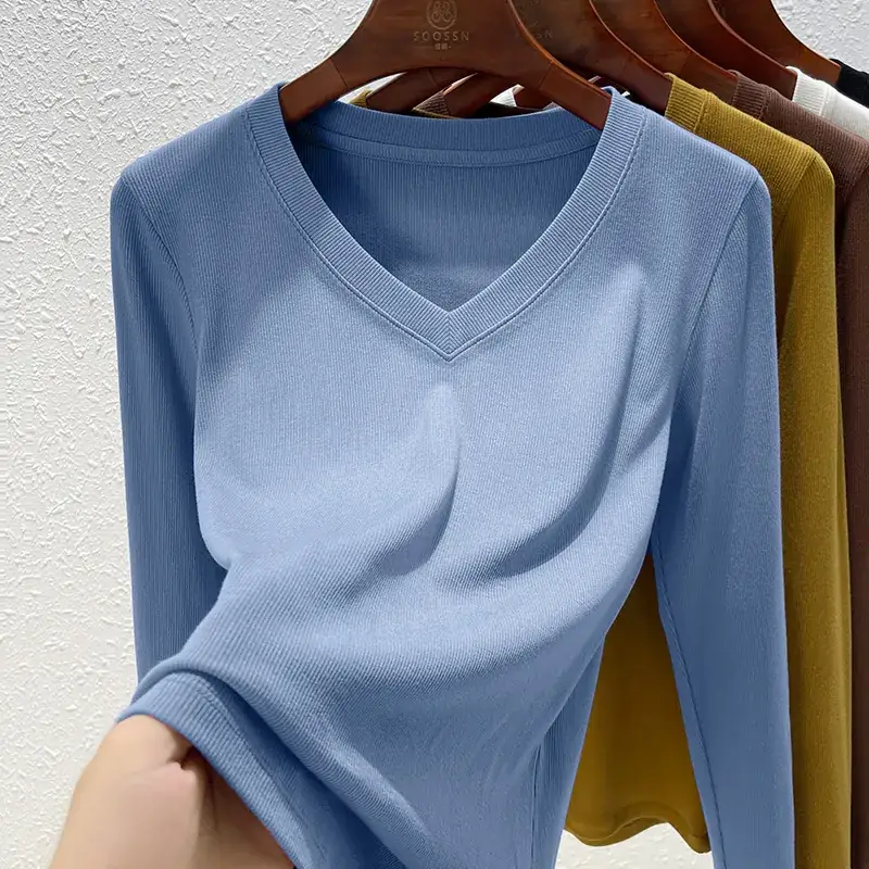 Women V-Neck Long Sleeve T-Shirt Brown 2025 - Image 8