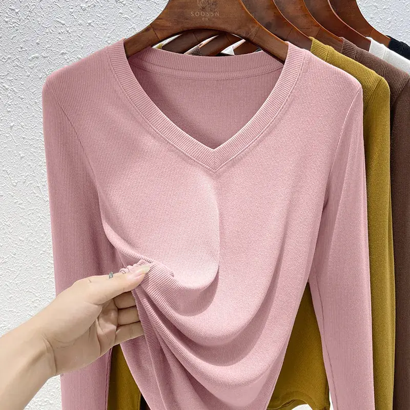 Women V-Neck Long Sleeve T-Shirt Brown 2025 - Image 9