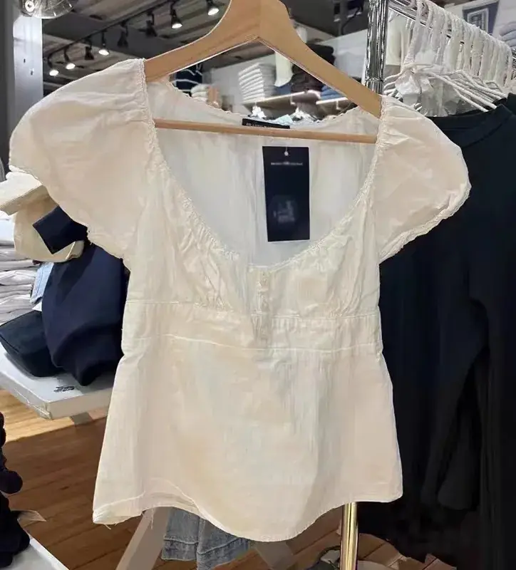 White Ruffled U-Neck Top with Puff Sleeves for Women
