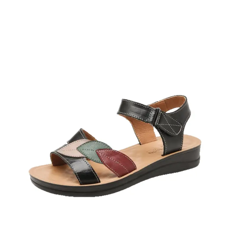 First-Layer Cowhide Mother's Sandals, Genuine Leather, Summer Soft-Soled Women's Shoes for Middle-Aged and Elderly, Flat-Soled, Non-Slip, Peep-Toe for Seniors