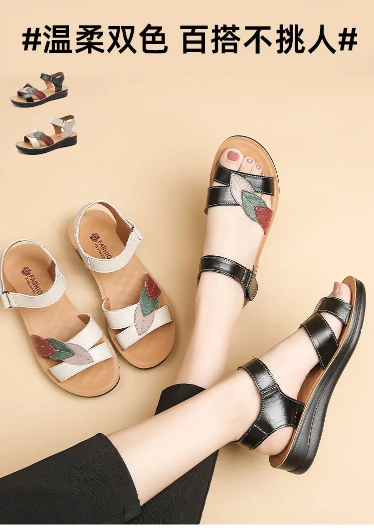 First-Layer Cowhide Mother's Sandals, Genuine Leather, Summer Soft-Soled Women's Shoes for Middle-Aged and Elderly, Flat-Soled, Non-Slip, Peep-Toe for Seniors — feature 3