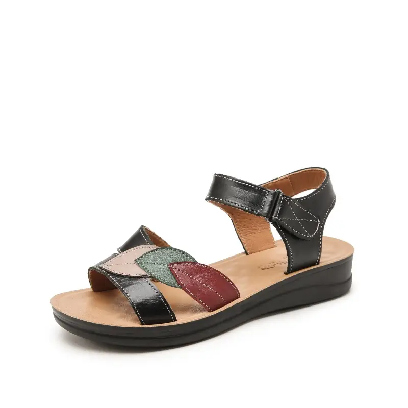 First-Layer Cowhide Mother's Sandals, Genuine Leather, Summer Soft-Soled Women's Shoes for Middle-Aged and Elderly, Flat-Soled, Non-Slip, Peep-Toe for Seniors