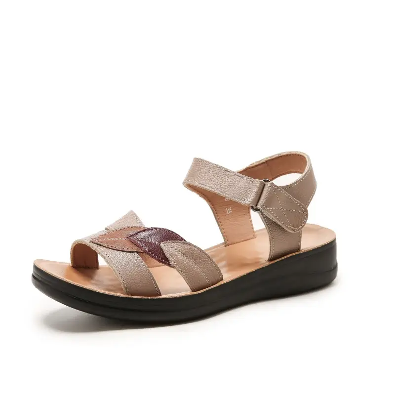 First-Layer Cowhide Mother's Sandals, Genuine Leather, Summer Soft-Soled Women's Shoes for Middle-Aged and Elderly, Flat-Soled, Non-Slip, Peep-Toe for Seniors