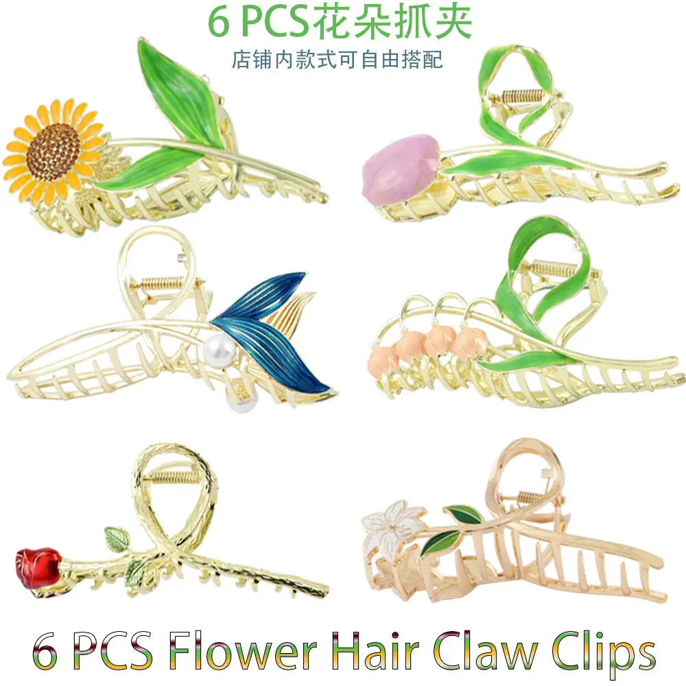 6 Pcs Metal Hairpins Set Sunflower Butterfly Shark Clips - Image 13