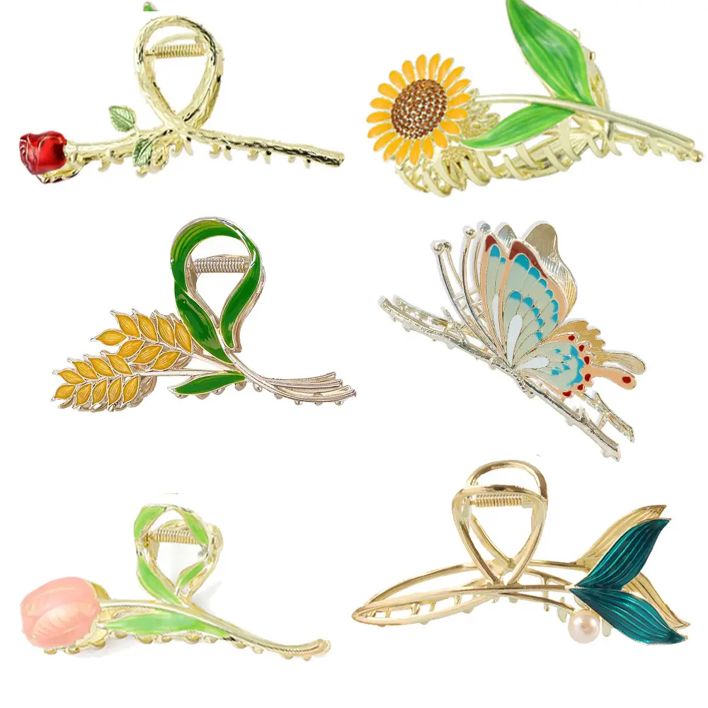 6 Pcs Metal Hairpins Set Sunflower Butterfly Shark Clips - Image 2