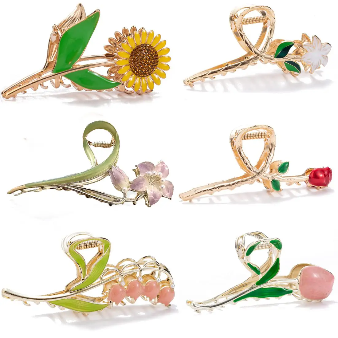 6 Pcs Metal Hairpins Set Sunflower Butterfly Shark Clips - Image 3