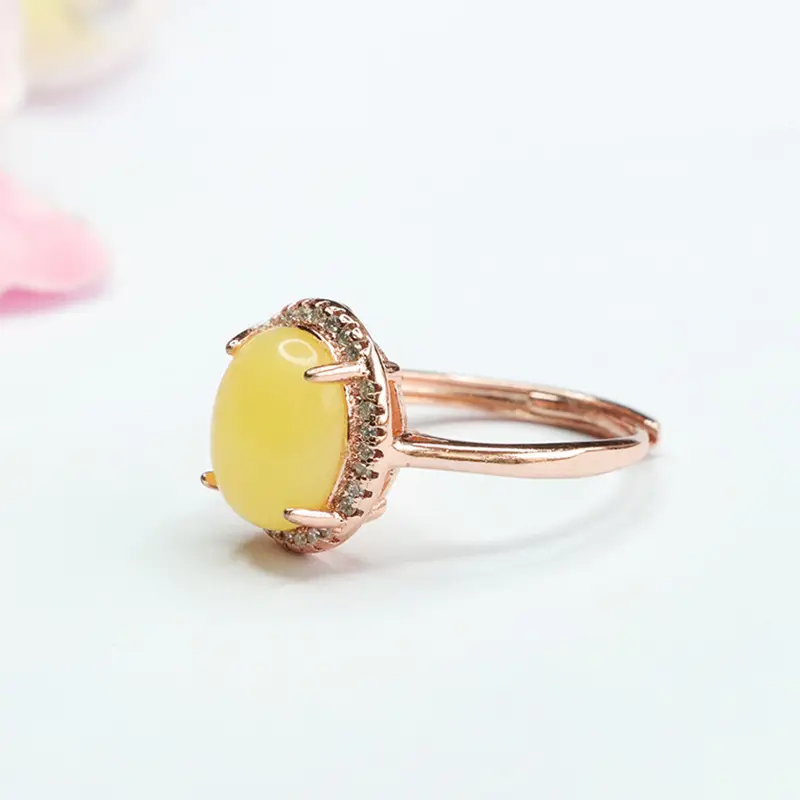 Yellow Honey Amber Ring with Diamond Set - Image 3