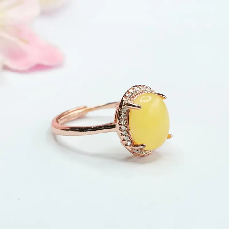 Yellow Honey Amber Ring with Diamond Set - Image 4