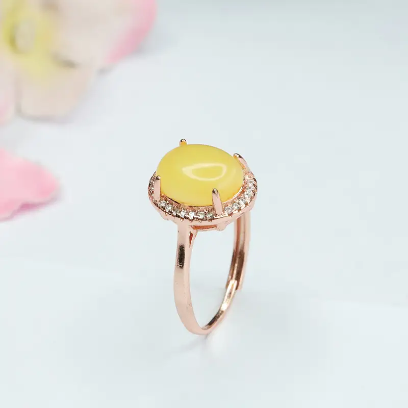 Yellow Honey Amber Ring with Diamond Set - Image 5