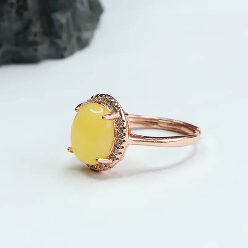 Yellow Honey Amber Ring with Diamond Set — feature 8
