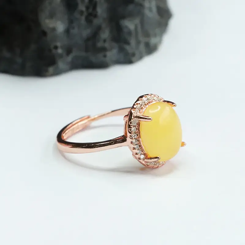 Yellow Honey Amber Ring with Diamond Set — feature 9