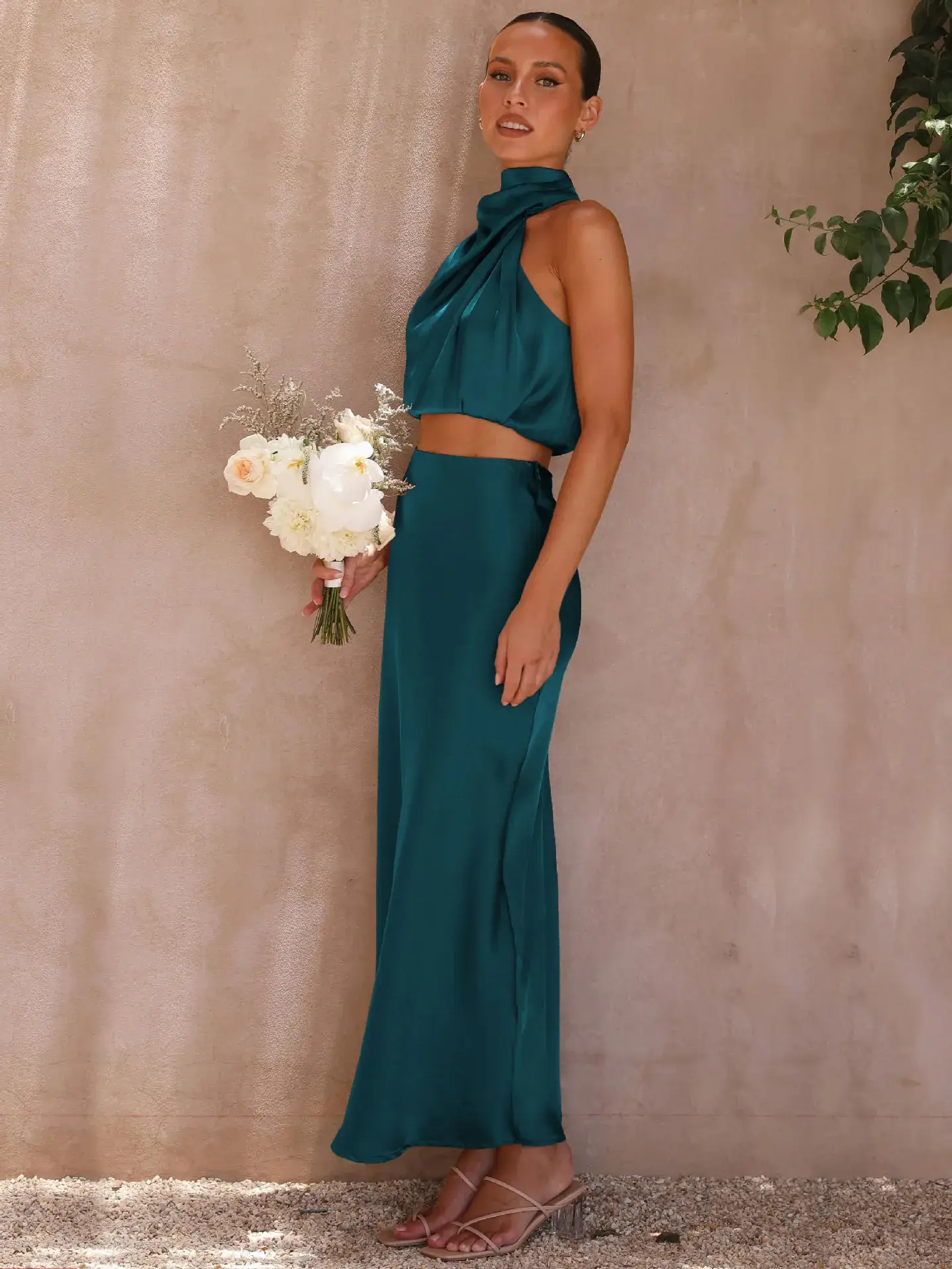 2025 Summer Women's Light Blue Scarf Top Drapey Skirt Suit - Image 5