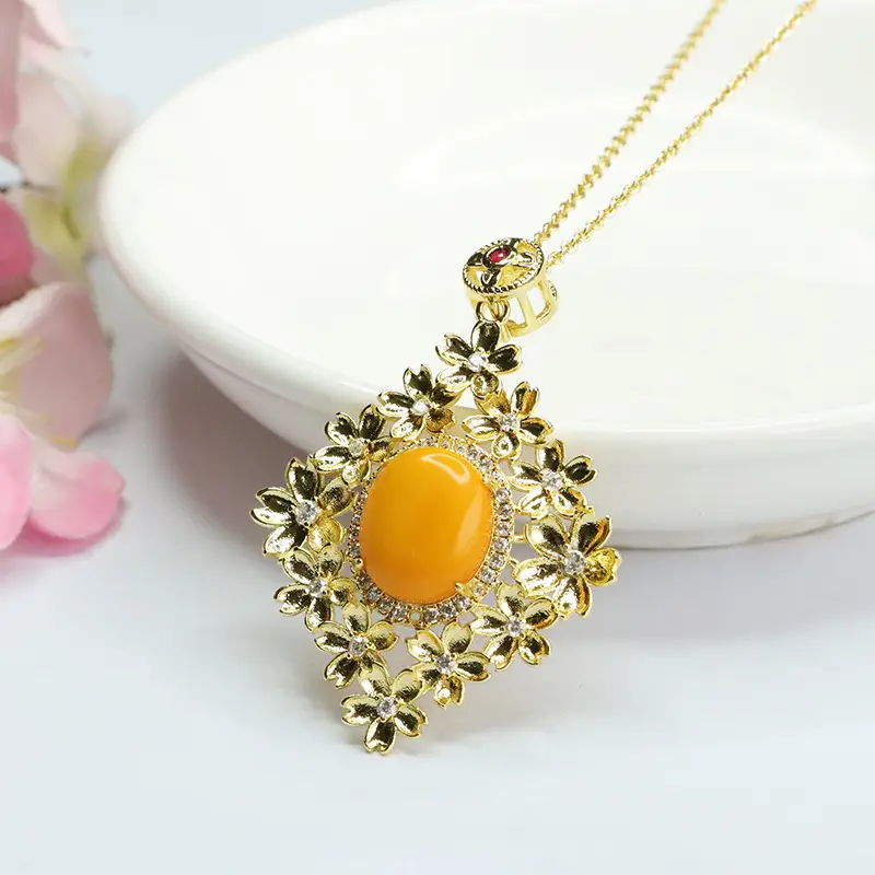 Yellow Amber Flower Necklace for Women Gold Plated - Image 4