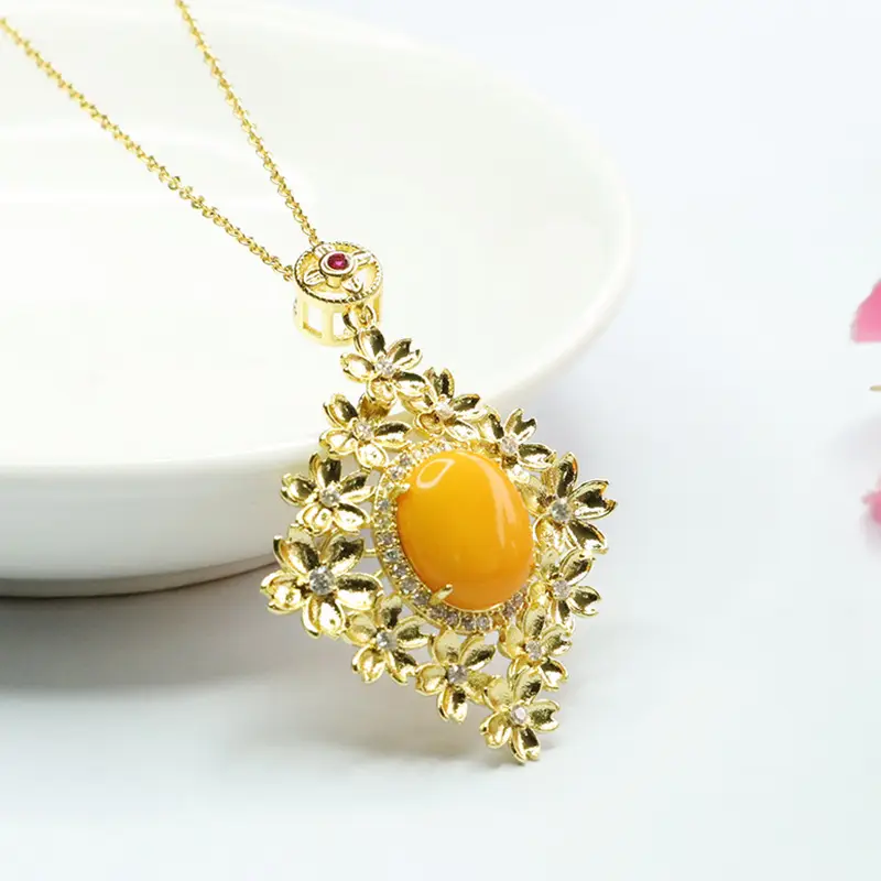 Yellow Amber Flower Necklace for Women Gold Plated - Image 5