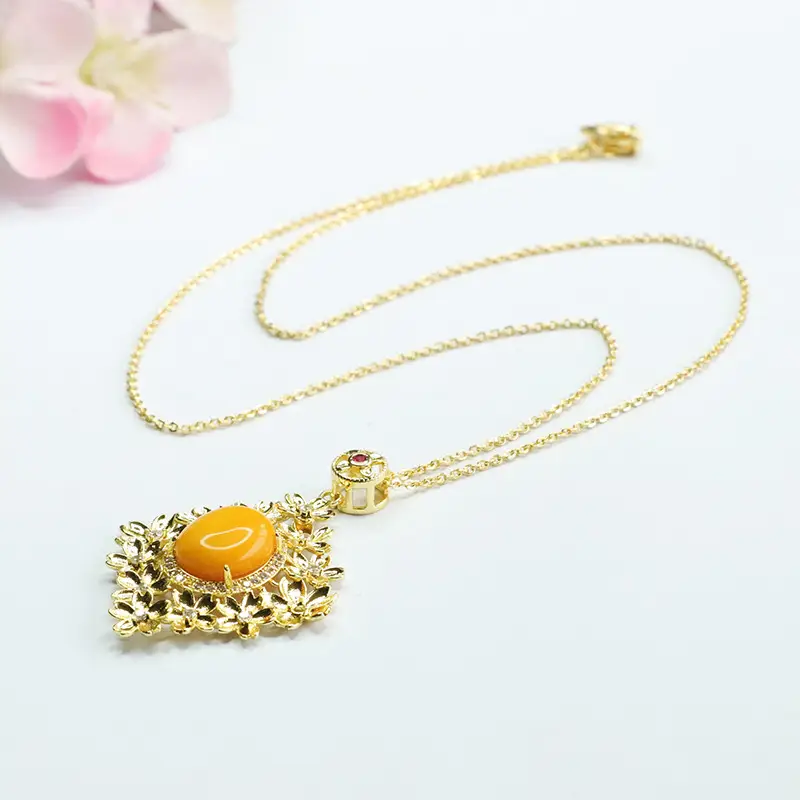 Yellow Amber Flower Necklace for Women Gold Plated - Image 6