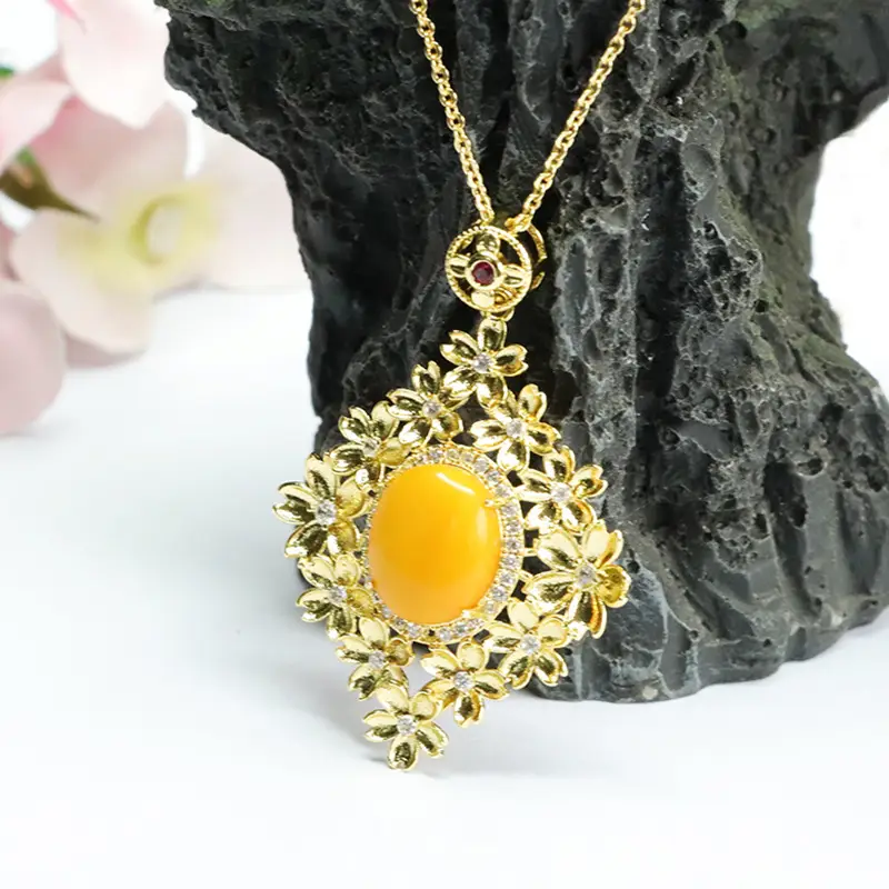 Yellow Amber Flower Necklace for Women Gold Plated — feature 10