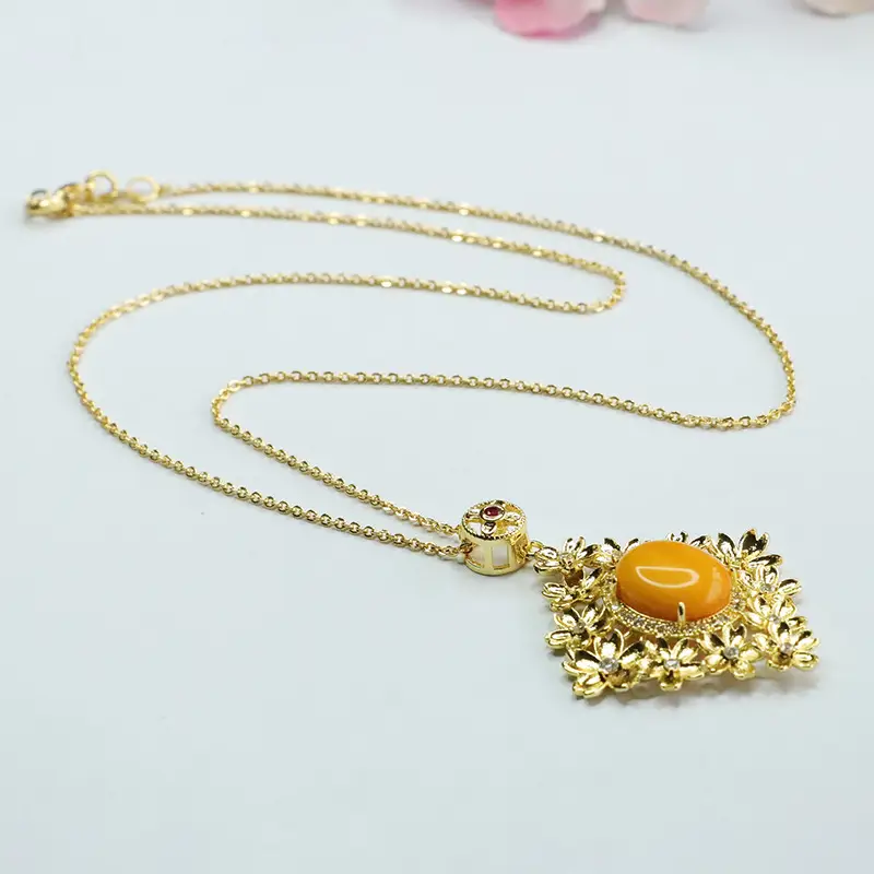 Yellow Amber Flower Necklace for Women Gold Plated — feature 8
