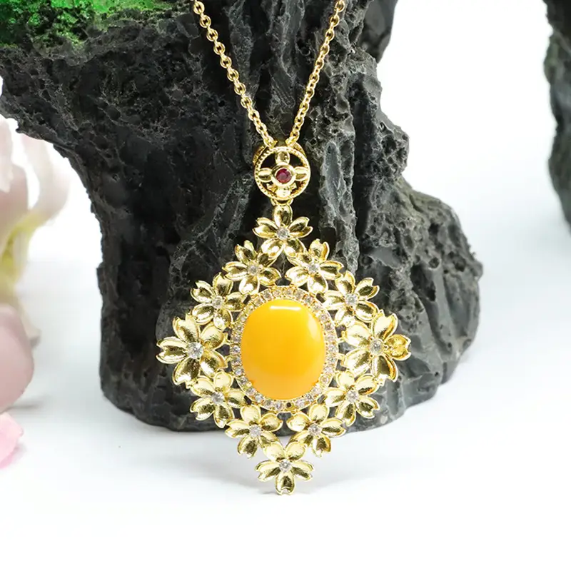 Yellow Amber Flower Necklace for Women Gold Plated - Image 2