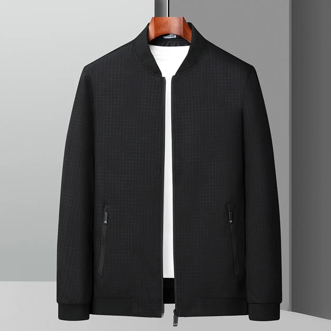 Men's Black Bomber Jacket with Zip Front — feature 1