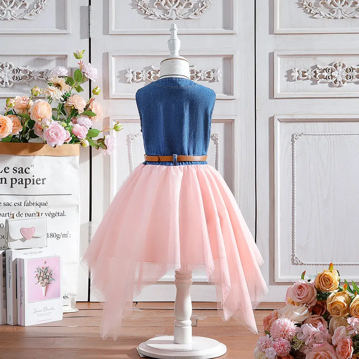 Girls Denim Sleeveless Skirt Dress Pink - Image 2