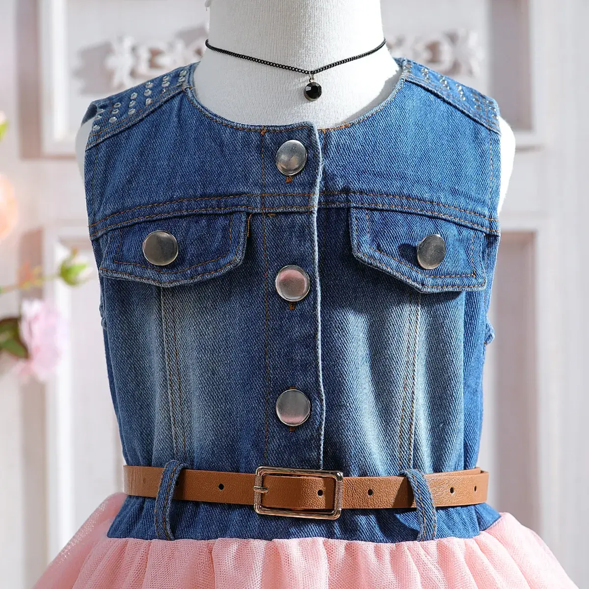 Girls Denim Sleeveless Skirt Dress Pink - Image 3