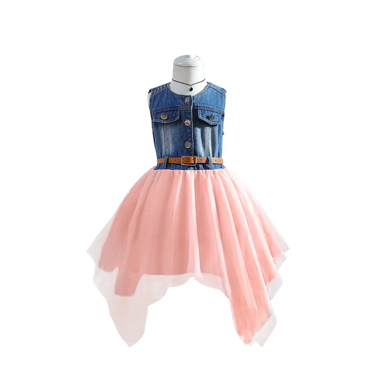 Girls Denim Sleeveless Skirt Dress Pink - Image 5