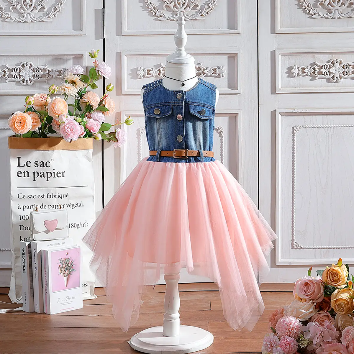 Girls Denim Sleeveless Skirt Dress Pink — feature 2