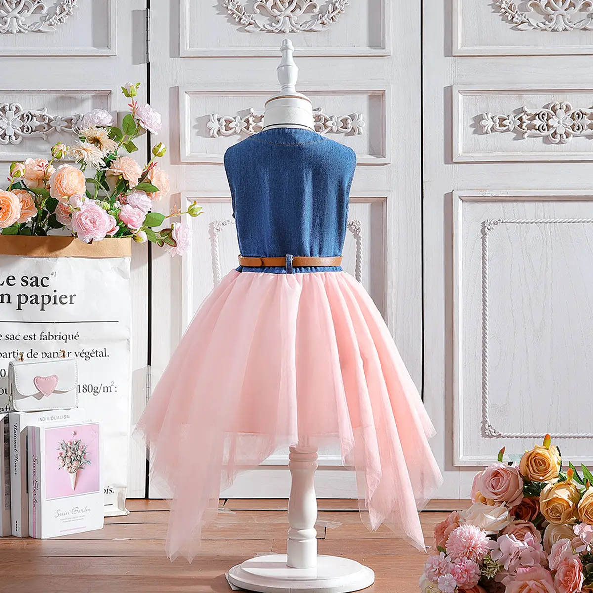Girls Denim Sleeveless Skirt Dress Pink — feature 3