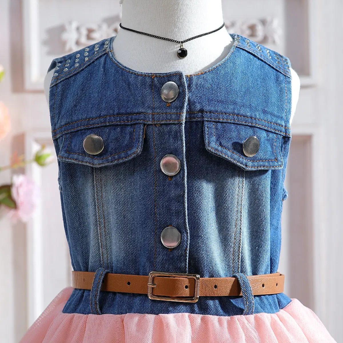 Girls Denim Sleeveless Skirt Dress Pink — feature 4