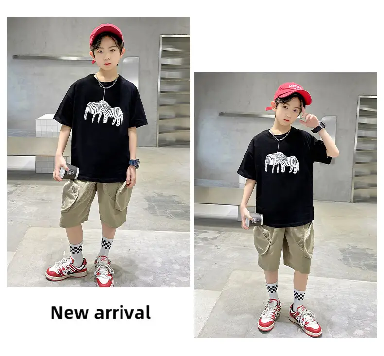 Kids Black Elephant Print T-Shirt Summer 2024 Medium Large — feature 34