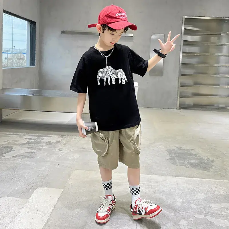 Kids Black Elephant Print T-Shirt Summer 2024 Medium Large