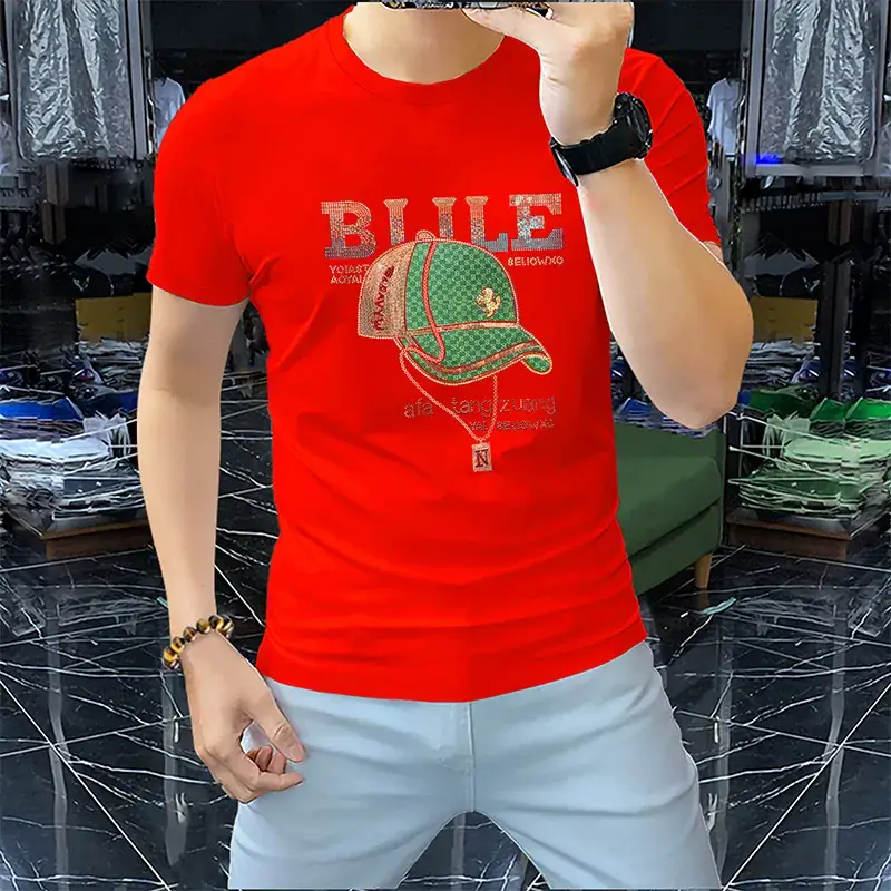 Men Red Blue Graphic T-Shirt Short Sleeve Summer - Image 9